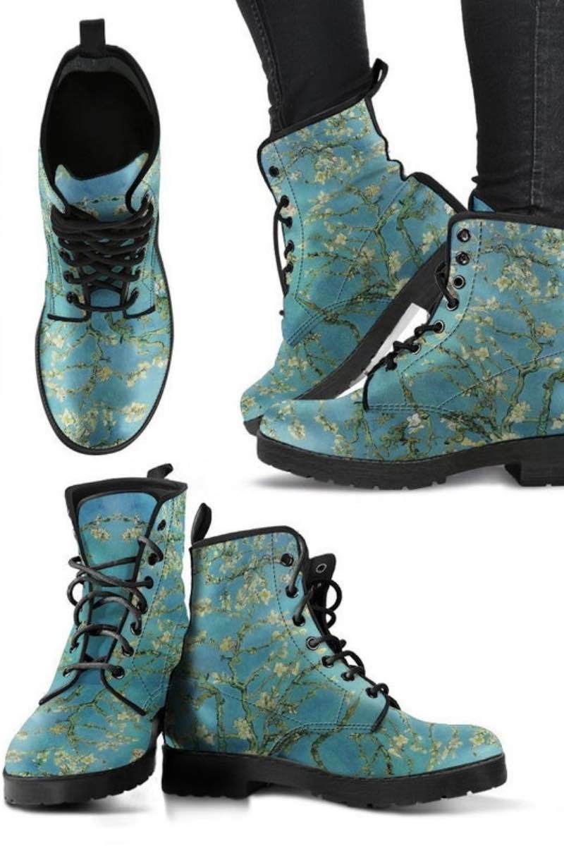 van Gogh Almond Blossom printed on vegan leather combat boots