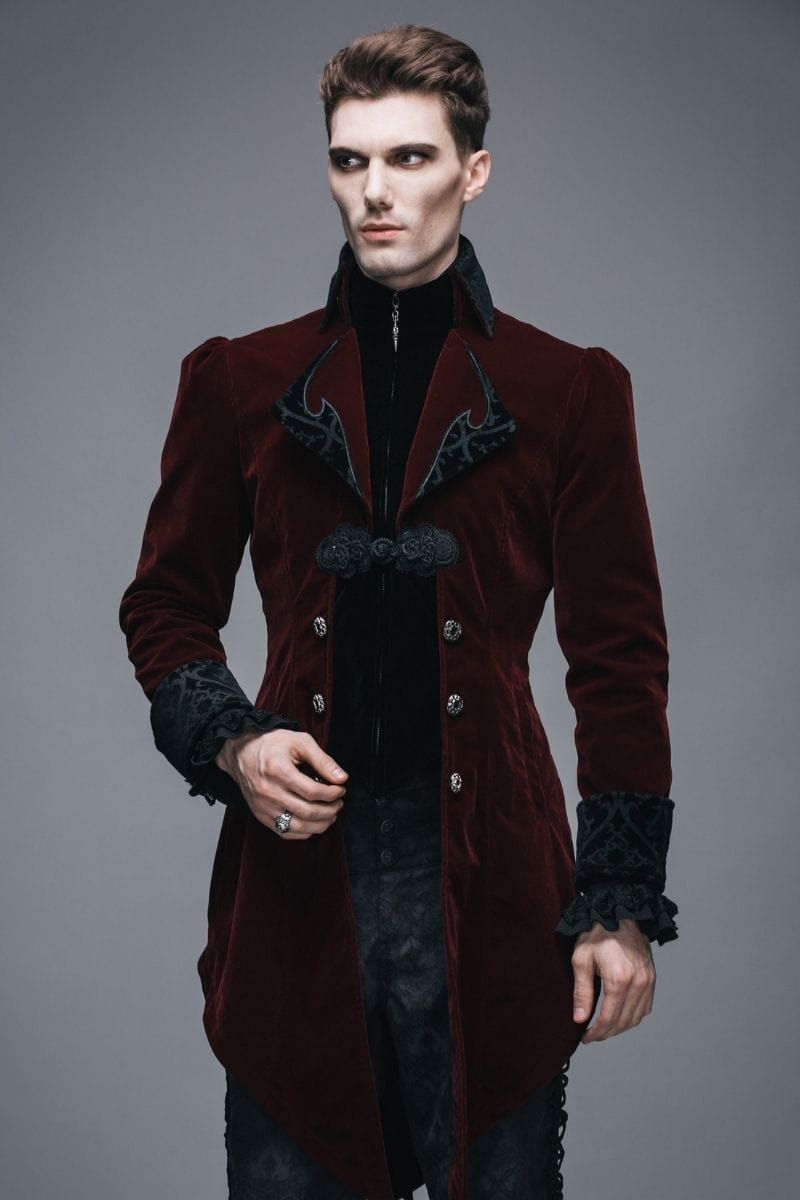gorgeous gothic victorian dark red velvet men's tail coat for weddings, formals, cosplay, victorian aristocrat costumes