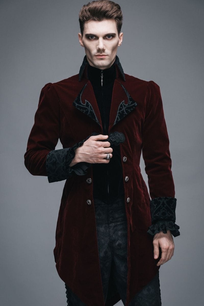 male actor wearing the new gorgeous gothic victorian dark red velvet men's tail coat for weddings, formals, cosplay, victorian costumes