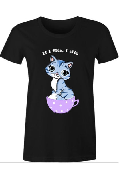 Black women's t-shirt of a cute cat sitting in a purple tea cup cartoon style with text 'If I fits, I sits