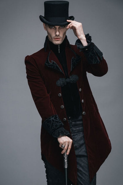 gorgeous gothic victorian dark red velvet men's tail coat for weddings, formals, cosplay, victorian vampire costumes