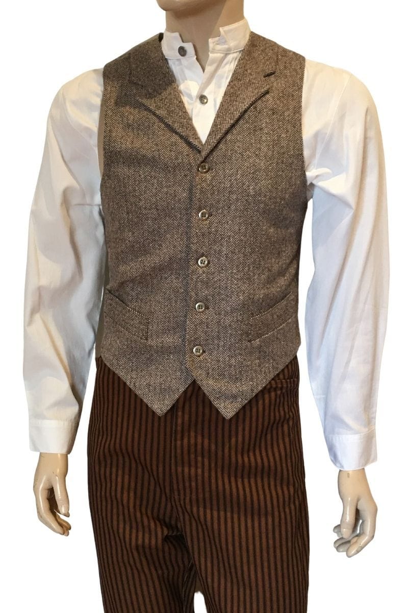 how the white victorian men's shirt authentic to the 1800s looks with a herringbone vest
