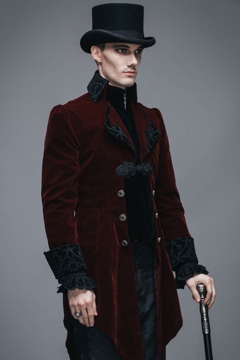 Vampire aristocrat actor wearing the gorgeous gothic victorian dark red velvet men's tail coat for weddings, formals, cosplay, victorian costumes