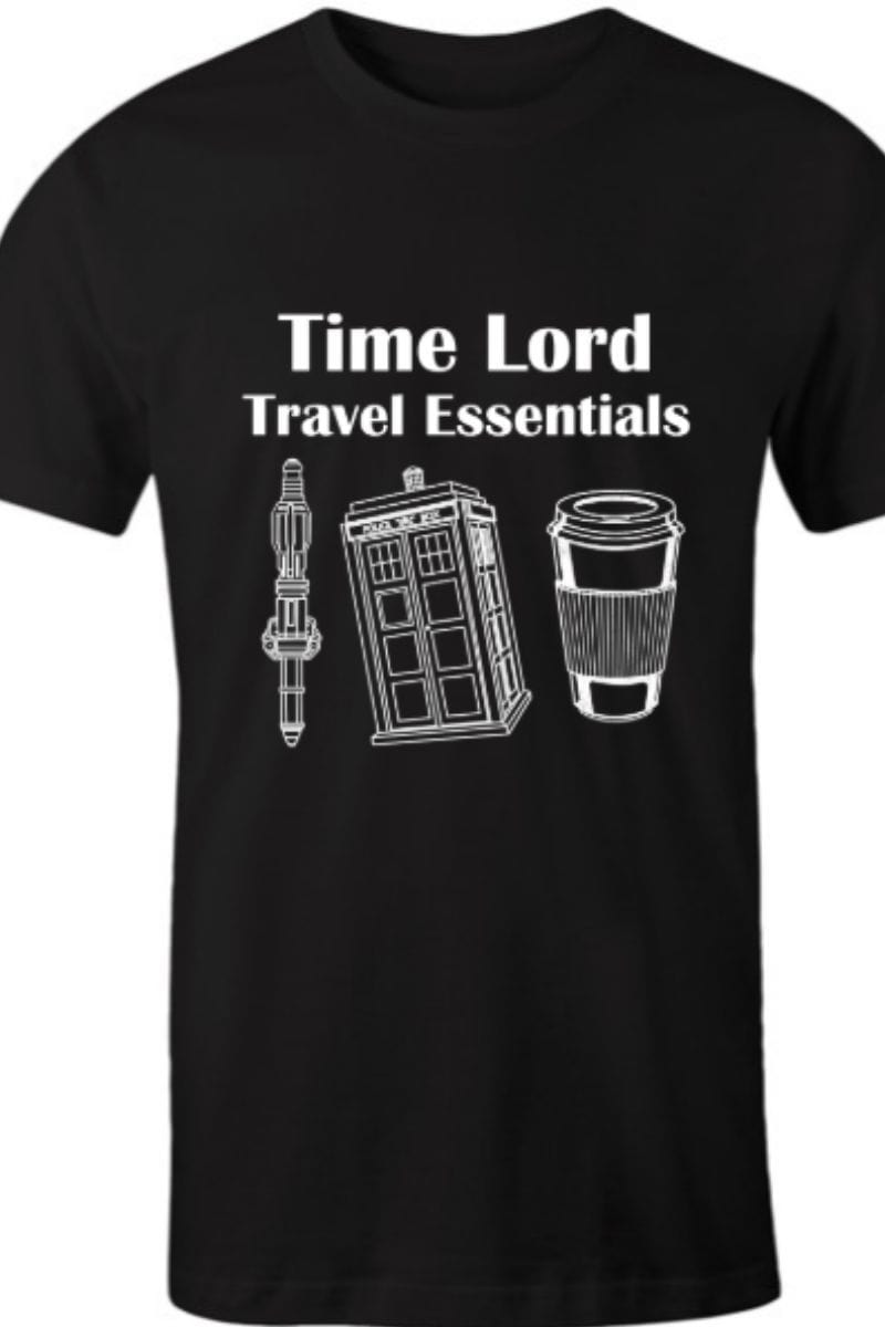 up close on the Time Lord's Travel Essentials t-shirt featuring 3 essential items printed in white on black polycotton t-shirt for men