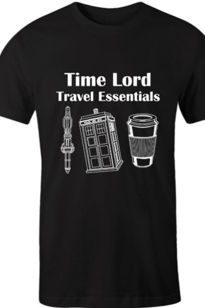 up close on the Time Lord's Travel Essentials t-shirt featuring 3 essential items printed in white on black polycotton t-shirt for men