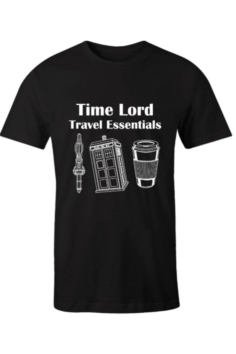 Time Lord's Travel Essentials t-shirt featuring 3 essential items printed in white on black polycotton t-shirt for men