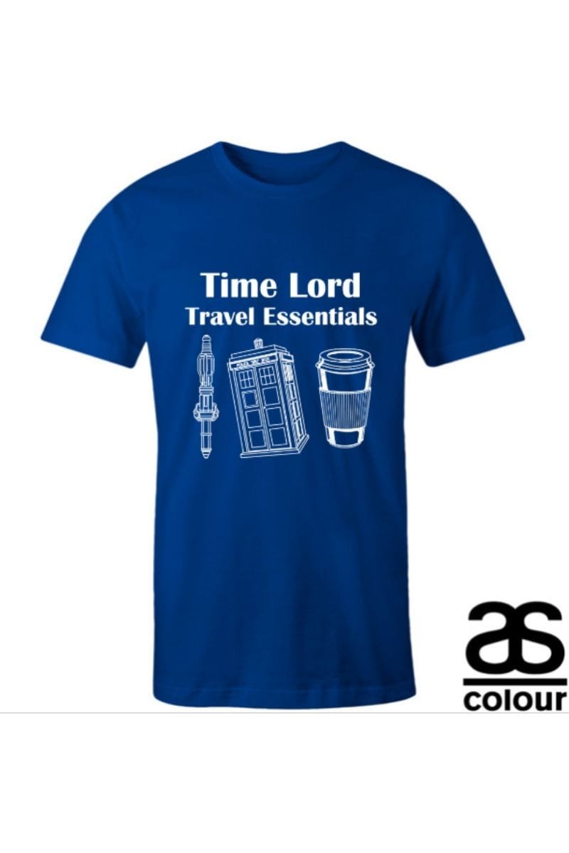 Time Lord's Travel Essentials t-shirt featuring 3 essential items printed in white on blue polycotton t-shirt for men, an AS colour t-shirt