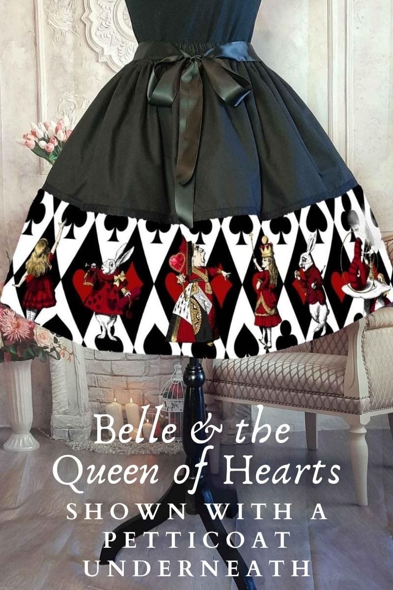 Bold Queen of Hearts print from Alice in Wonderland on a mid length skirt