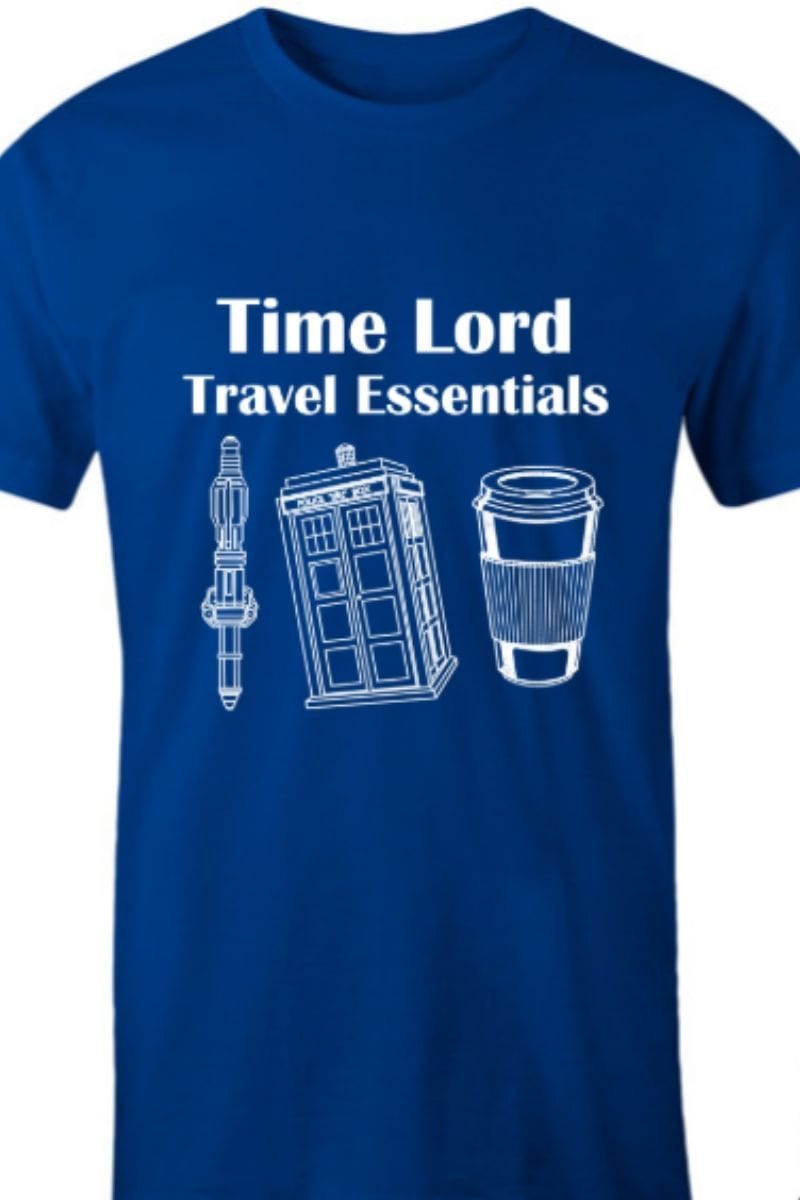 Time Lord's Travel Essentials t-shirt featuring 3 essential items printed in white on blue polycotton t-shirt for men