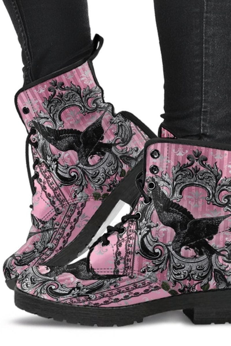 Gothic boots printed with a black raven in a victorian grey & pink background