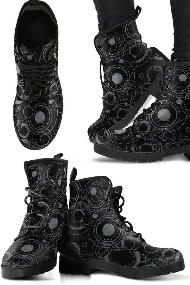 Gallifreyan Dr Who language boot for men in black and grey vegan leather