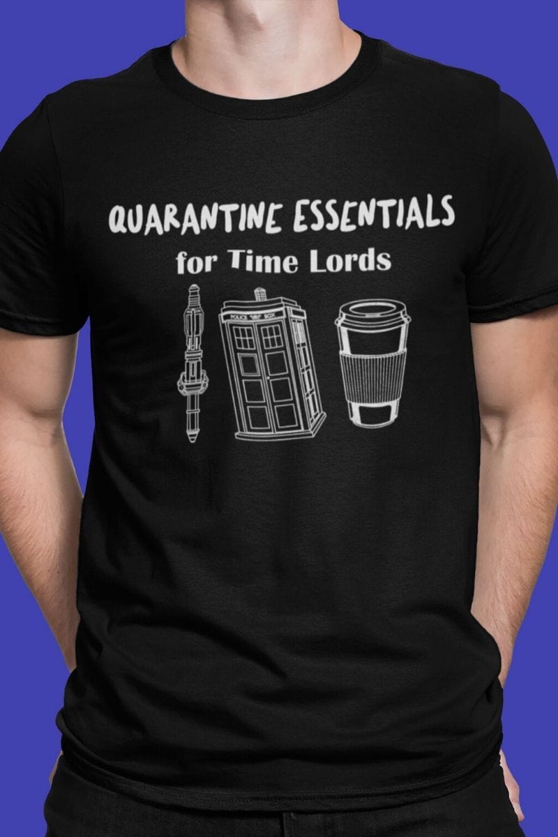 funny dr who meme t-shirt featuring a sonic screwdriver police box and coffee