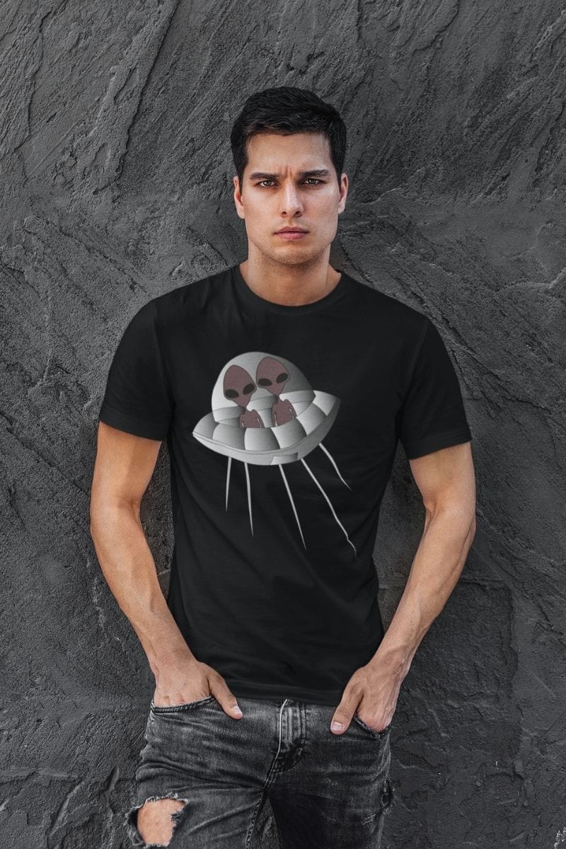 male wearing the Alien First Date men's AS Colour t-shirt