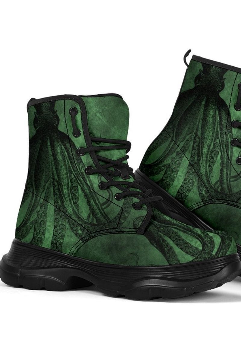 chunky style unisex vegan leather goth boots with a sea green Kraken print
