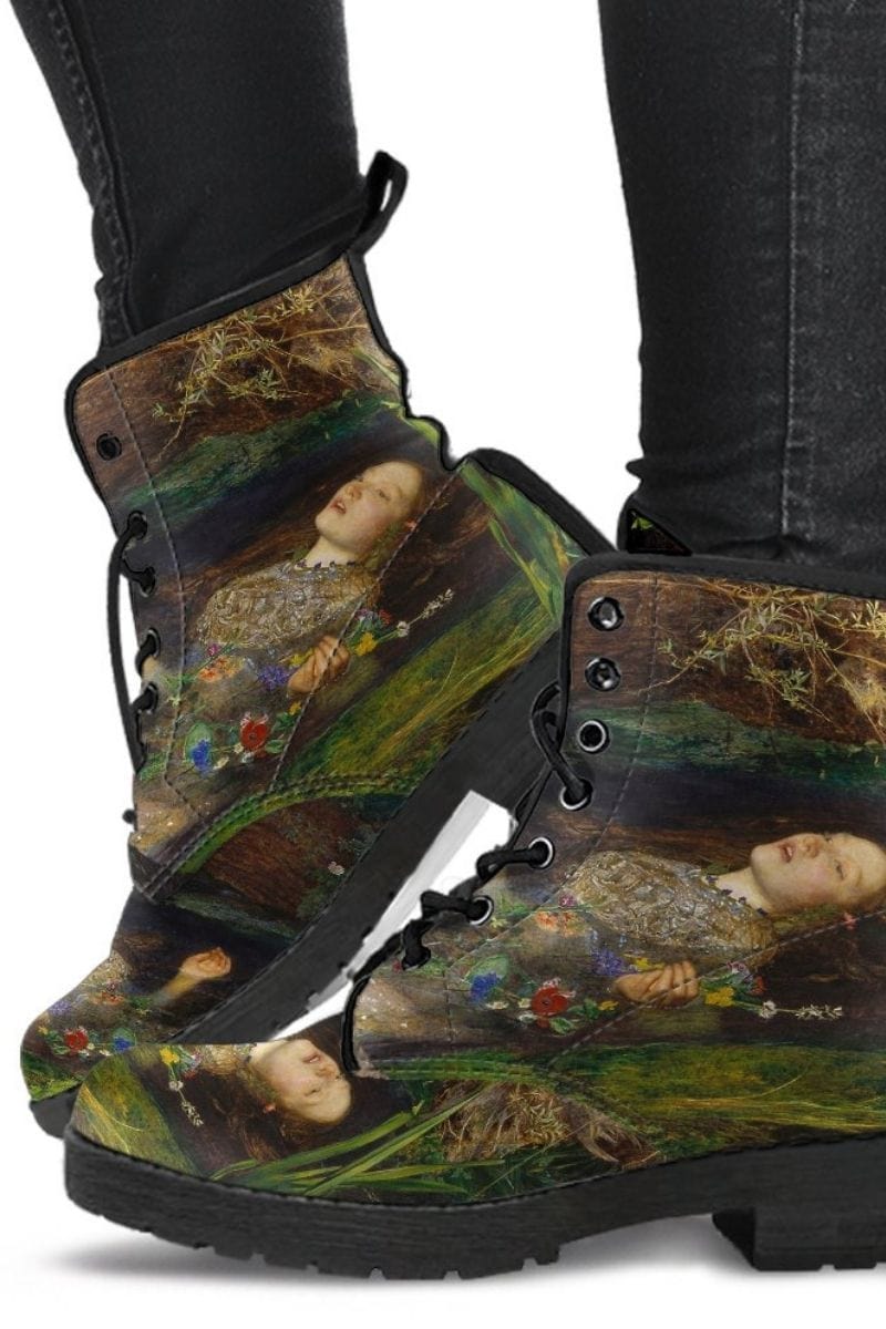Ophelia famous pre-raphaelite painting by John Everett Millais on a pair of vegan women's boots