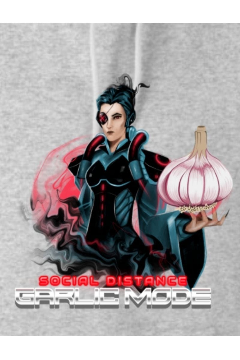up close view of the gamer style social distance graphic on grey marle hoodie