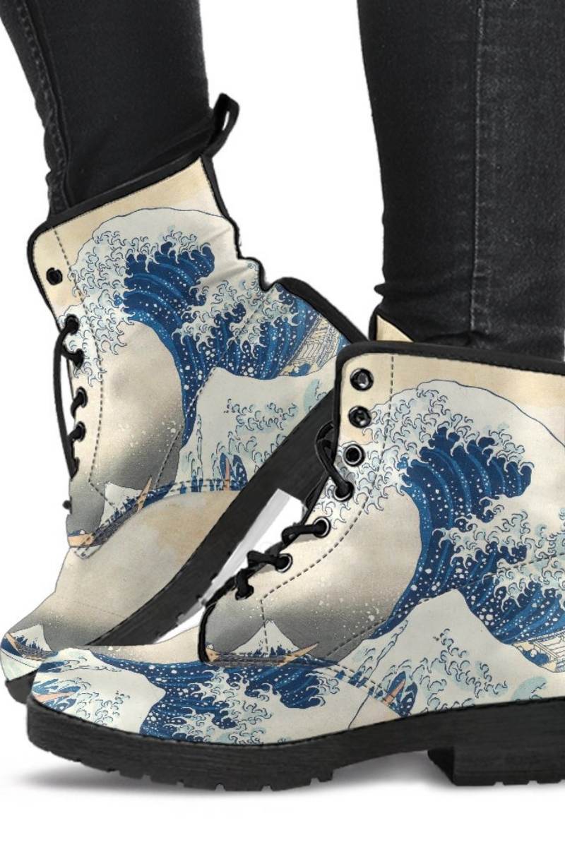 The Great Wave famous Japanese painting on vegan leather custom made boots at Gallery Serpentine
