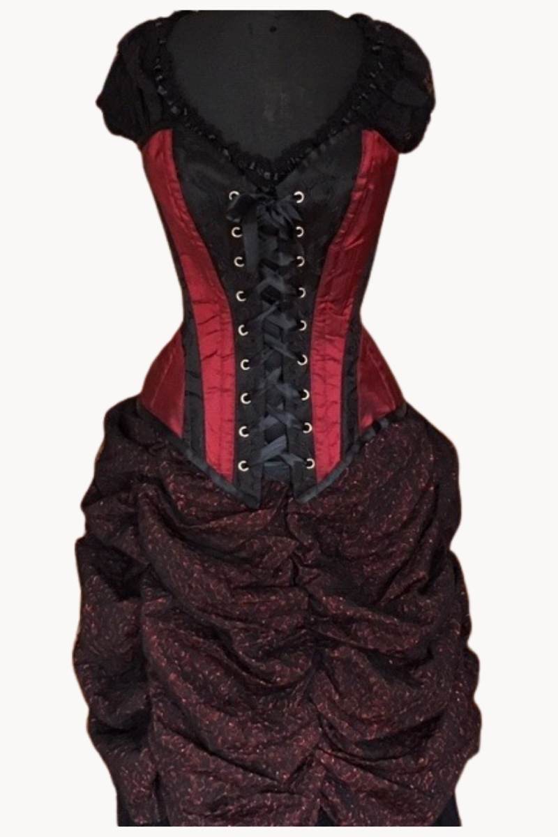 over bust steel boned ruby and black brocade over bust corset at Gallery Serpentine
