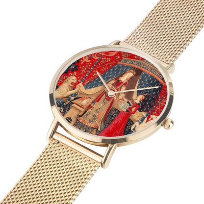 the Lady and the Unicorn tapestry artwork now on a quality citizen movement watch in gold