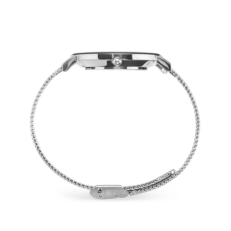 side view of the silver version of the shakespeare printed digital watch high quality comes in 3 sizes and 3 colours