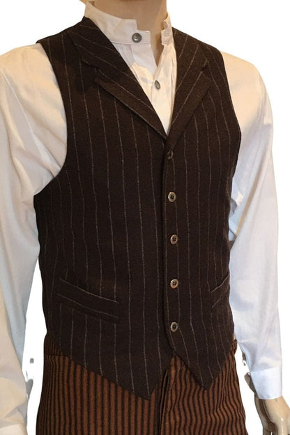 how the white victorian men's shirt authentic to the 1800s looks with a walnut stripe vest