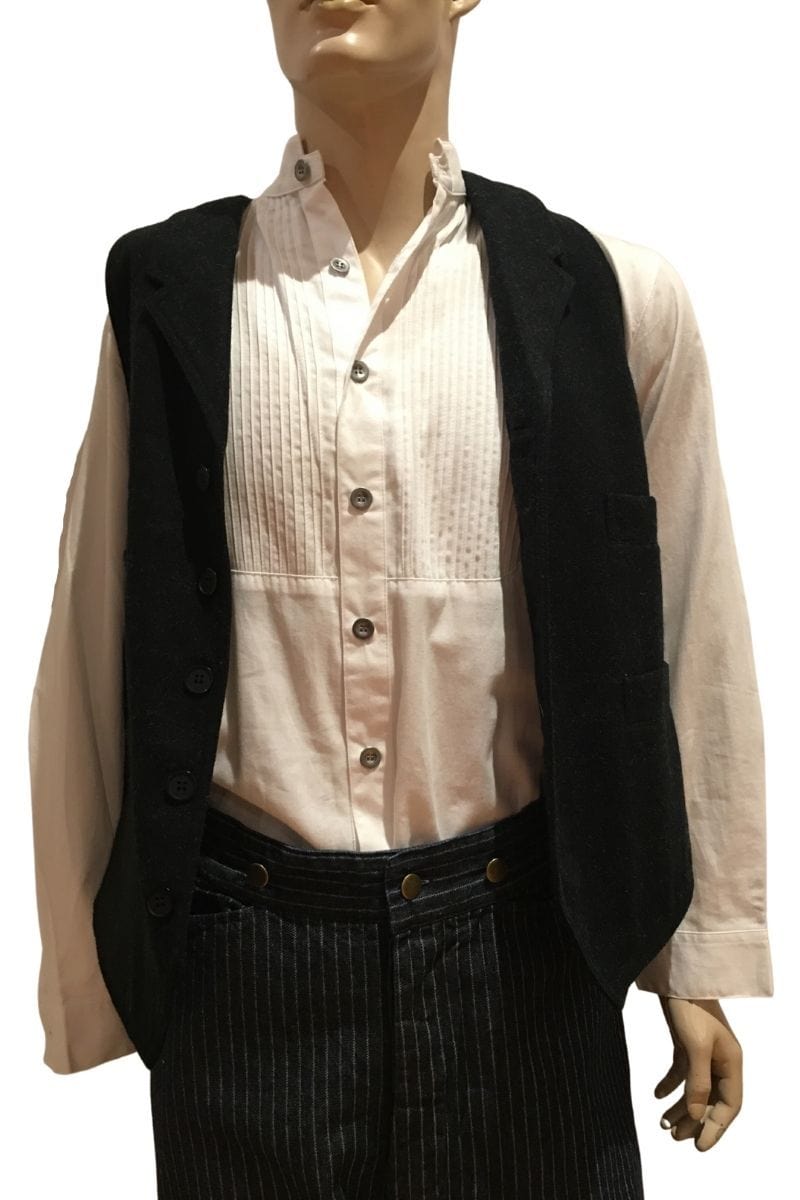 showing the white 1800s victorian era men's shirt worn with an open vest