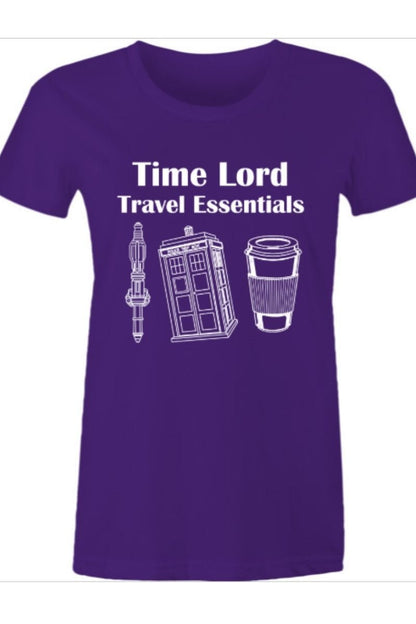funny Dr Who fan t-shirt on purple soft feel  cotton for women featuring Time Lord Travel Essentials