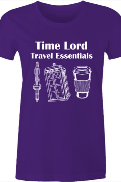 funny Dr Who fan t-shirt on purple soft feel cotton for women featuring Time Lord Travel Essentials larger size print for viewing