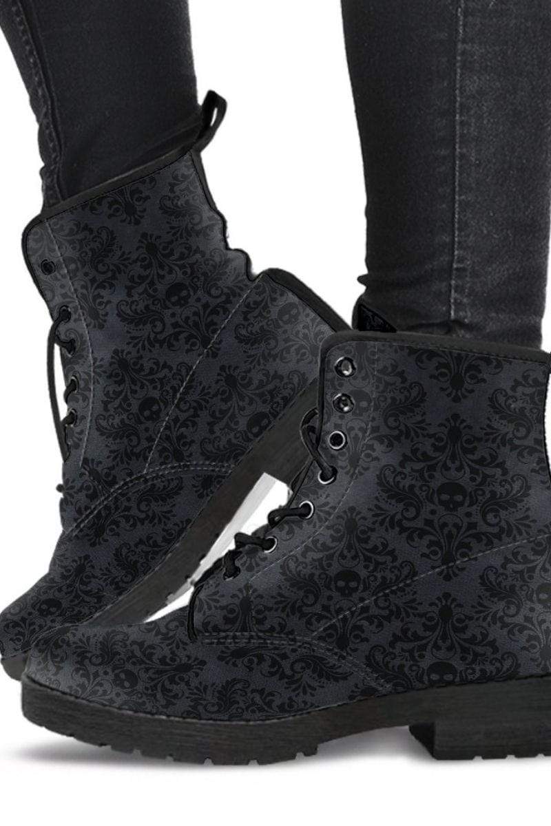 gothic renaissance print with cute gothic skull in centre on a pair of vegan boots