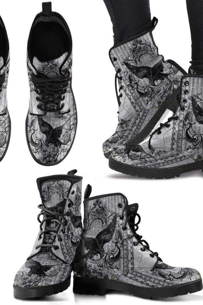 multiple views of the Black gothic raven vegan leather boots
