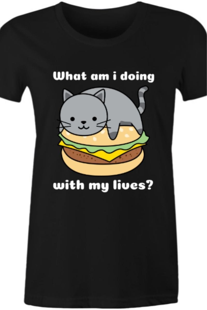 funny cute cat meme existential crisis burger cat t-shirt on black