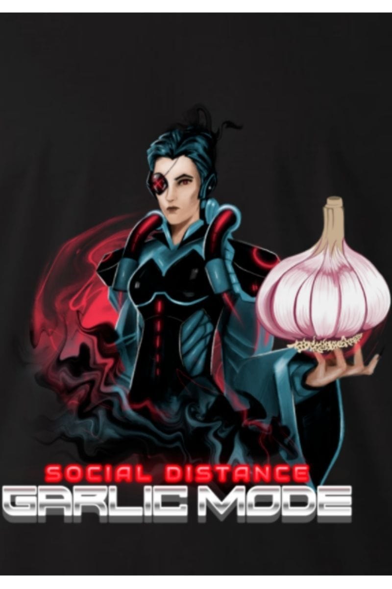social distance gamer style graphic t-shirt featuring garlic