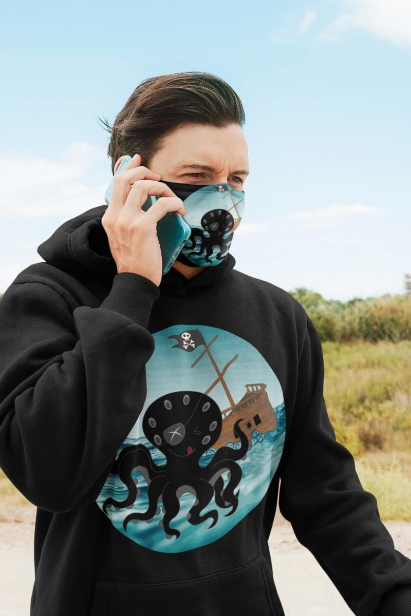male wearing the Happy Kraken hoodie and matching face mask