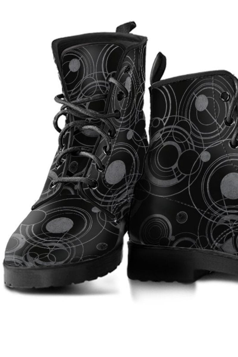 close up of the Gallifreyan Dr Who language boot for men in black and grey vegan leather