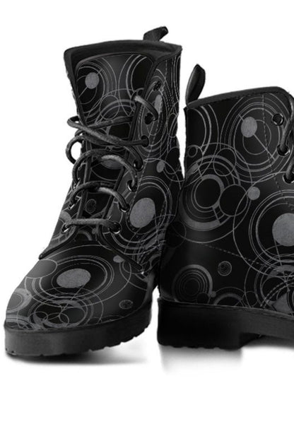 close up of front of the women's custom made Gallifrey Dr Who language boot in grey & black