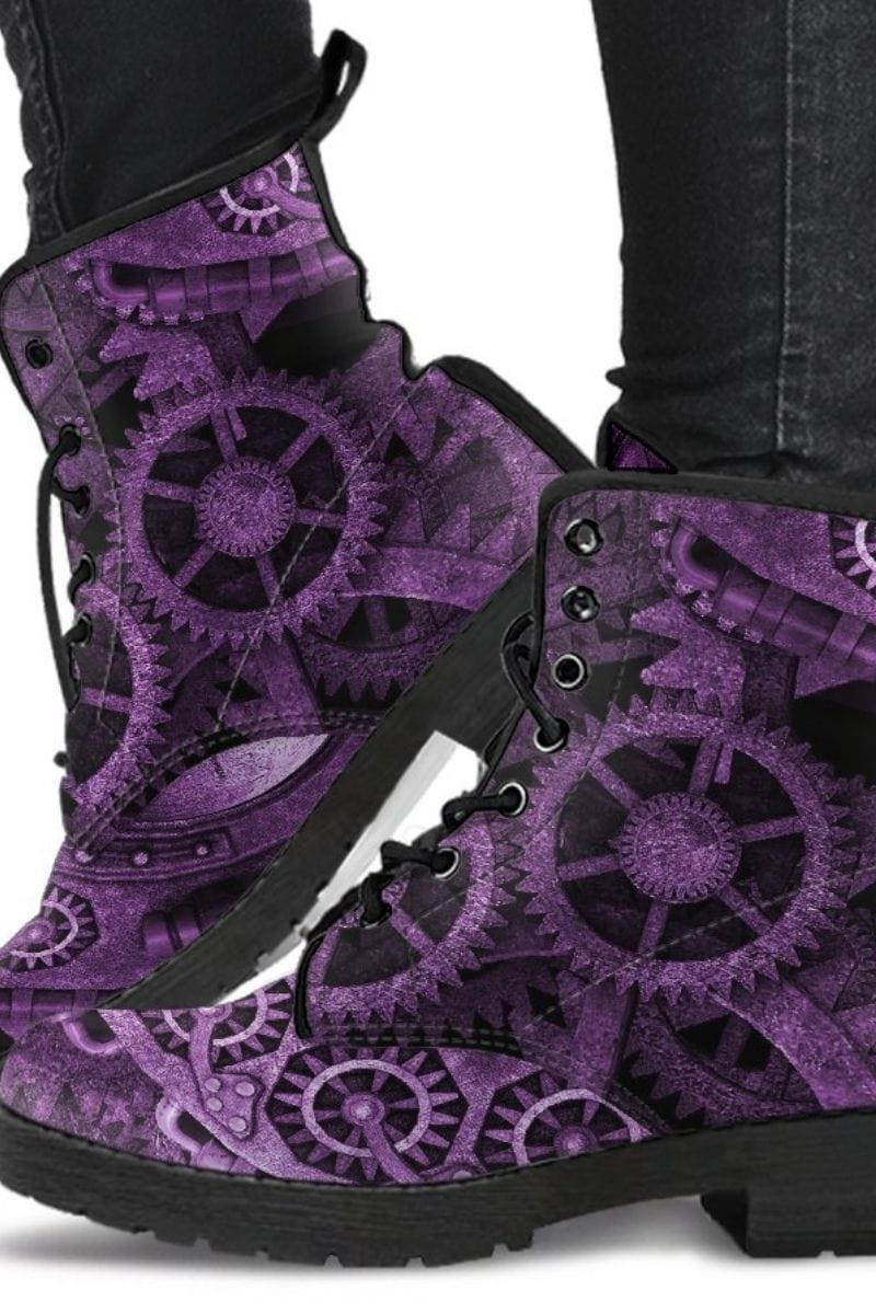 purple cogs & gears steampunk artwork on vegan leather women's boots
