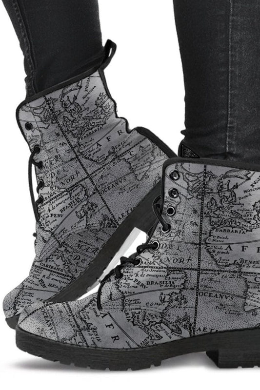 Vintage Explorer's Map, Vegan Women's Boots, FREE Shipping