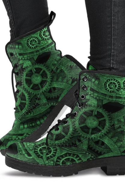 alien green steampunk cogs & gears artwork from an antique alien spaceship now available on vegan leather boots
