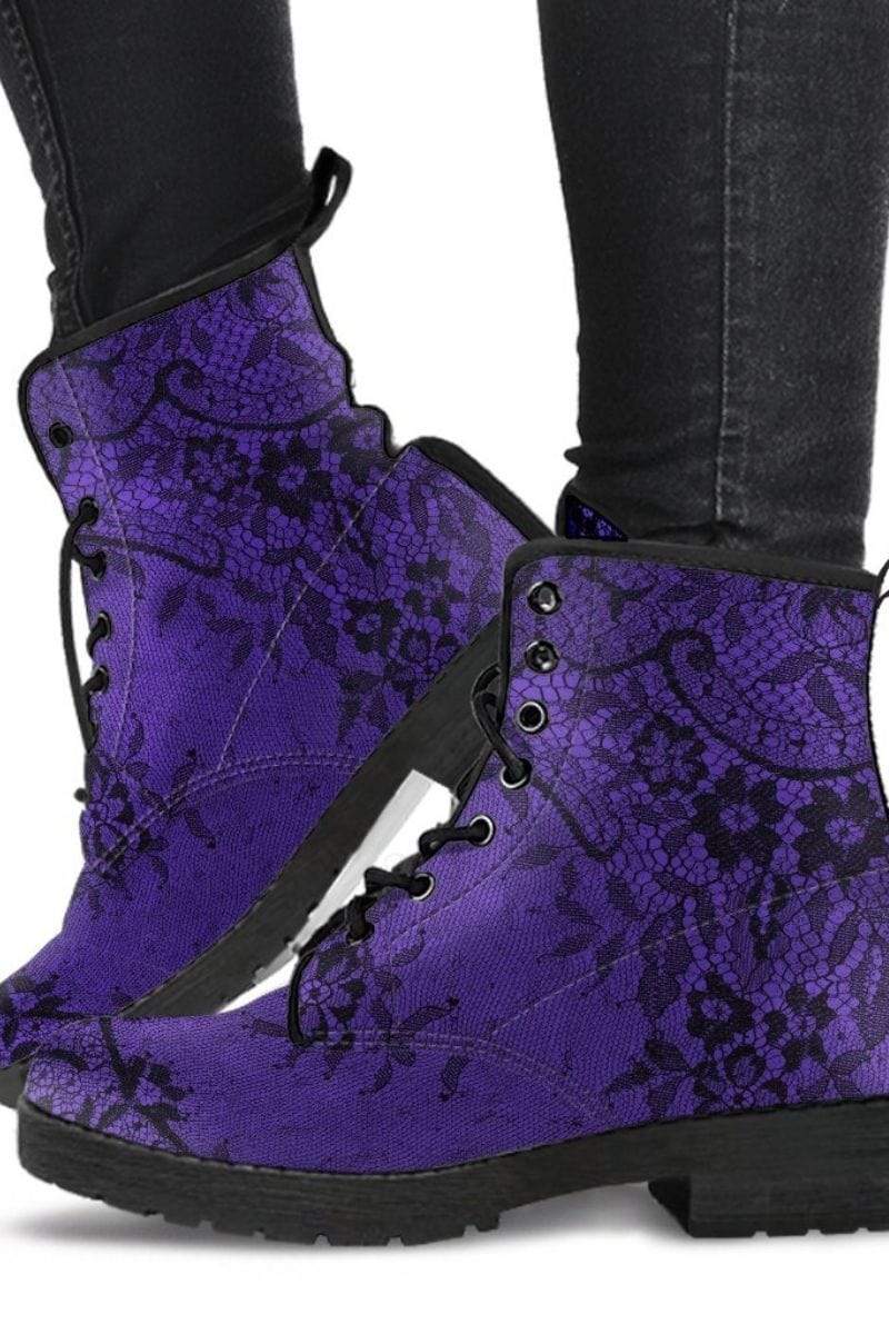purple gothic lace print vegan combat boots at Gallery Serpentine