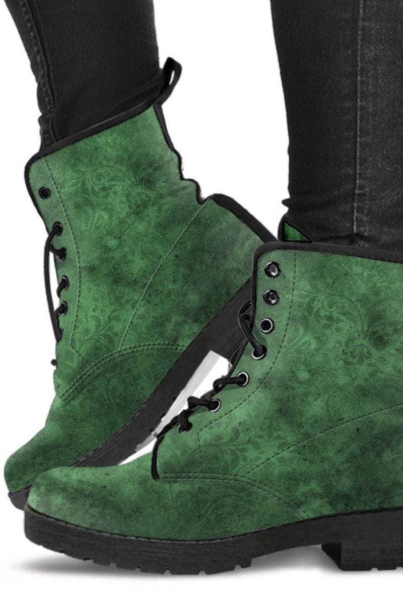 Marine scientist wearing the Men's green grunge gothic vegan leather combat boots