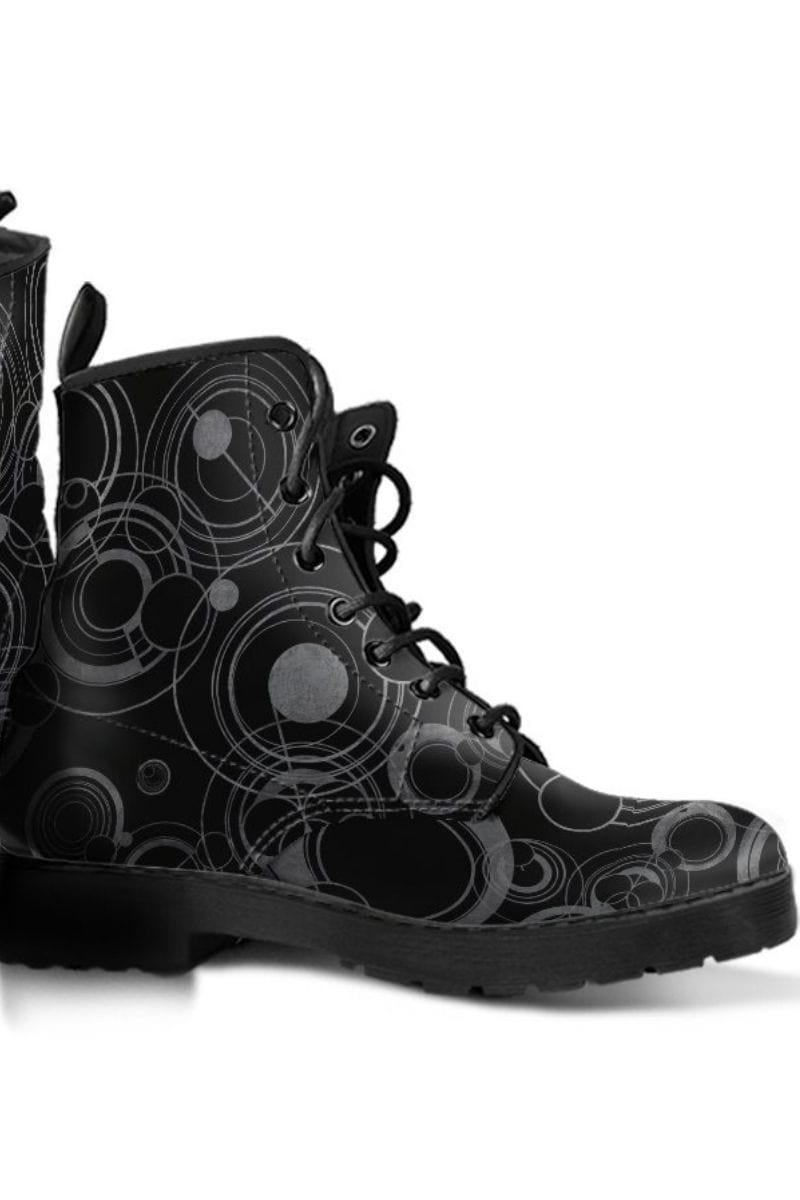 side close up of the Gallifreyan Dr Who language boot for men in black and grey vegan leather