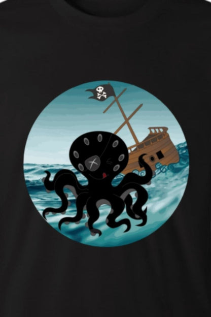 close up 2 of the Happy Pirate Kraken men's t-shirt