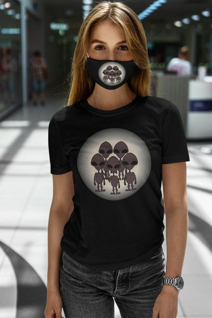 woman wearing matching We Came to TikTok alien facemask and t-shirt in black