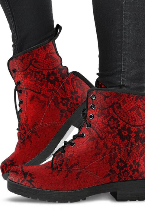 gothic black lace printed on red vegan leather boots at Gallery Serpentine