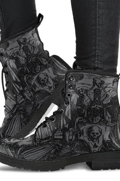 Holbein's Dance of Death wood cut on women's vegan leather boots
