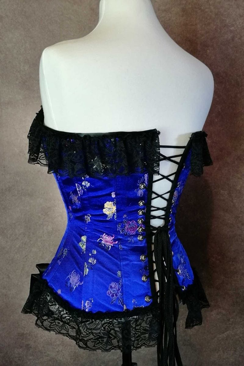 side back view of the Australian made custom to size Beautiful in Blue oriental brocade steel boned over bust at Gallery Serpentine