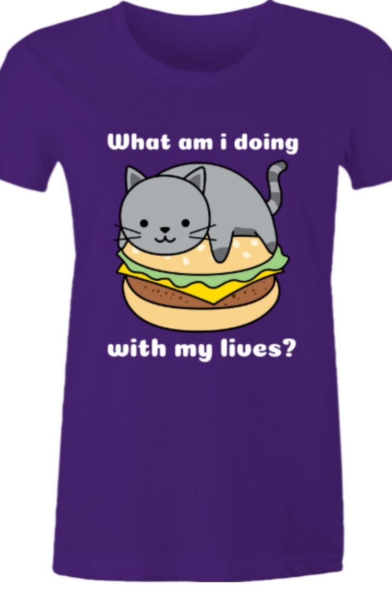 funny cute cat meme existential crisis burger cat t-shirt on purple