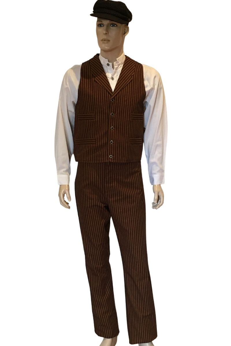 full length view with matching trousers is the 1800s Victorian era Old West Wild West men's vest in tan 