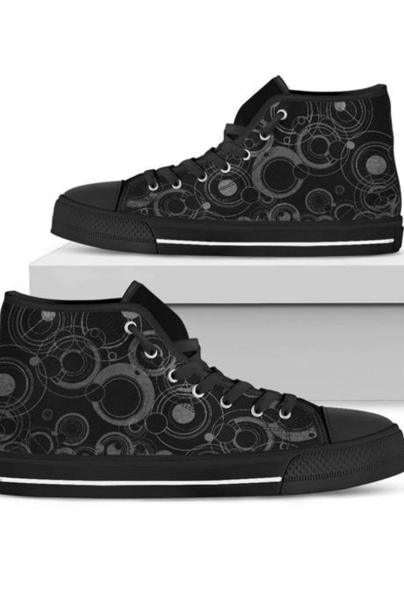 showing white stripe on the Black & grey gallifreyan language on men's canvas high top sneakers