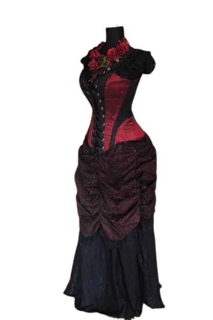 over bust victorian corset in ruby and black brocade, made in Australia by Gallery Serpentine